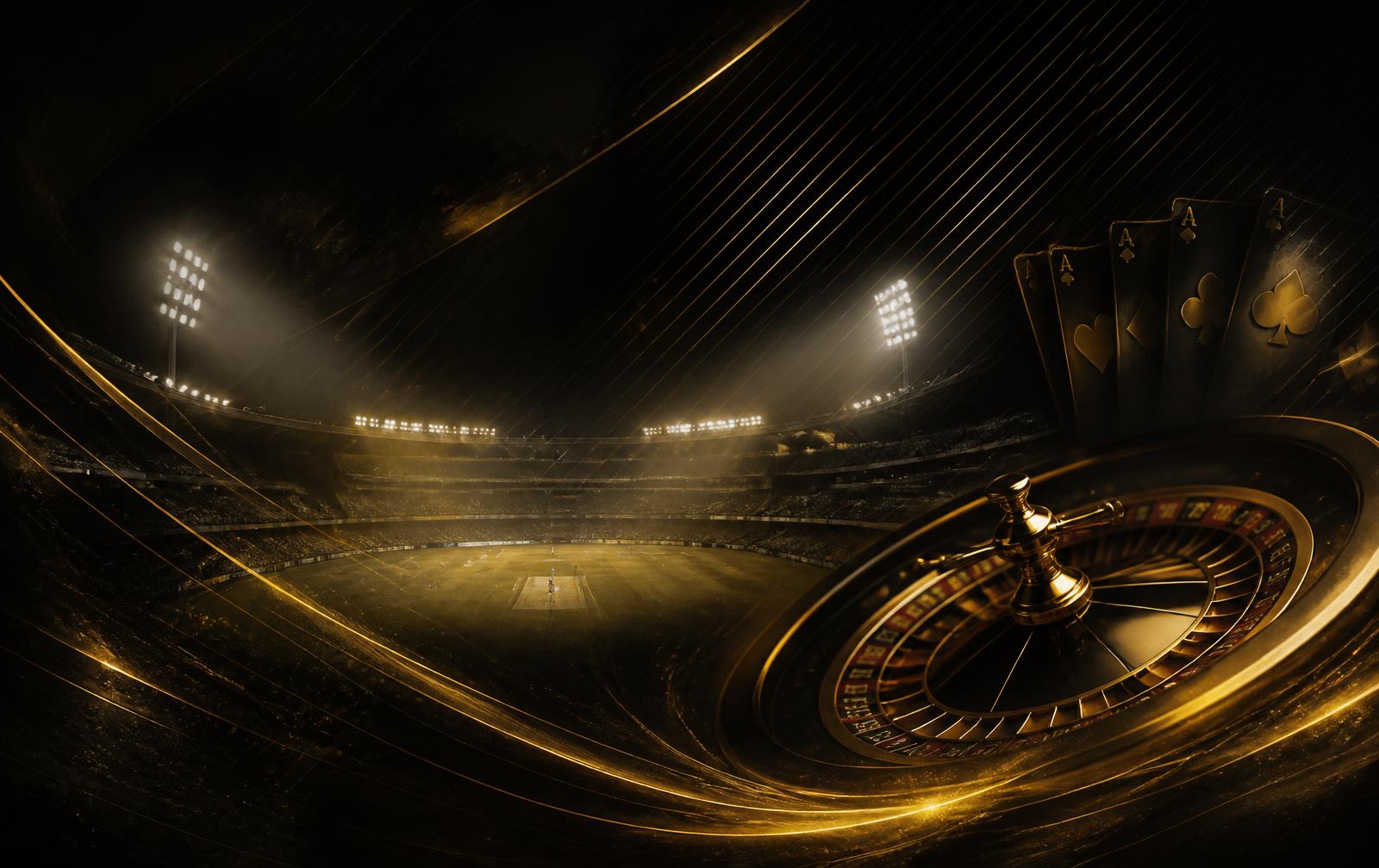 Floodlit cricket stadium blended with a golden roulette wheel and playing cards